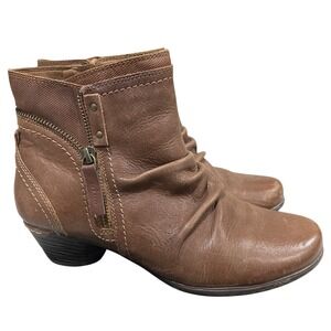 Cobb Hill Brown Leather Ankle Boots Womens 7 Low Block Heel Ruched Slouchy Boho